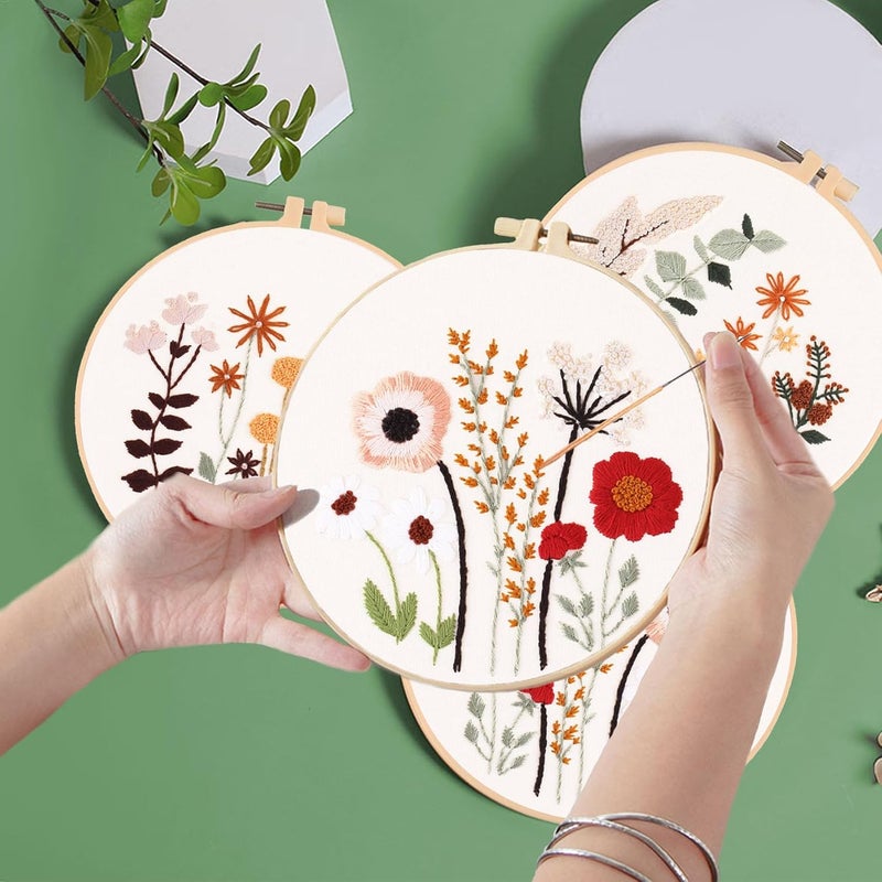Ohcol 3 Sets Embroidery Kit,Needlepoint Kits for Adults,Needle Point Cross Stitch Kits for Beginners with Washable Pre-Printed Floral Pattern,3 Hoops,Women DIY Hand Crafts - Image 4